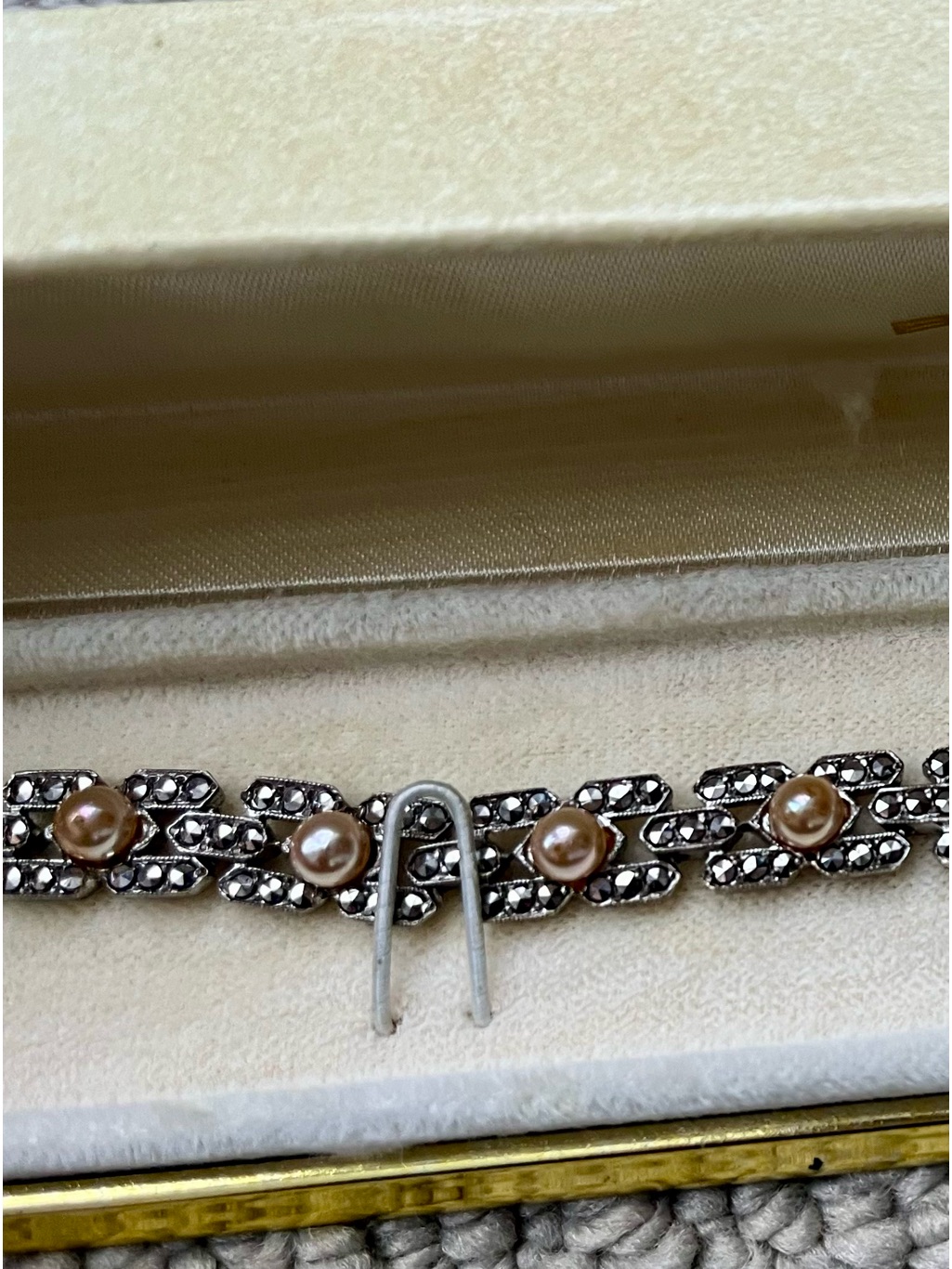 Vintage Art Deco Sterling Silver Marcasite And Pearls Bucherer Bracelet In Box